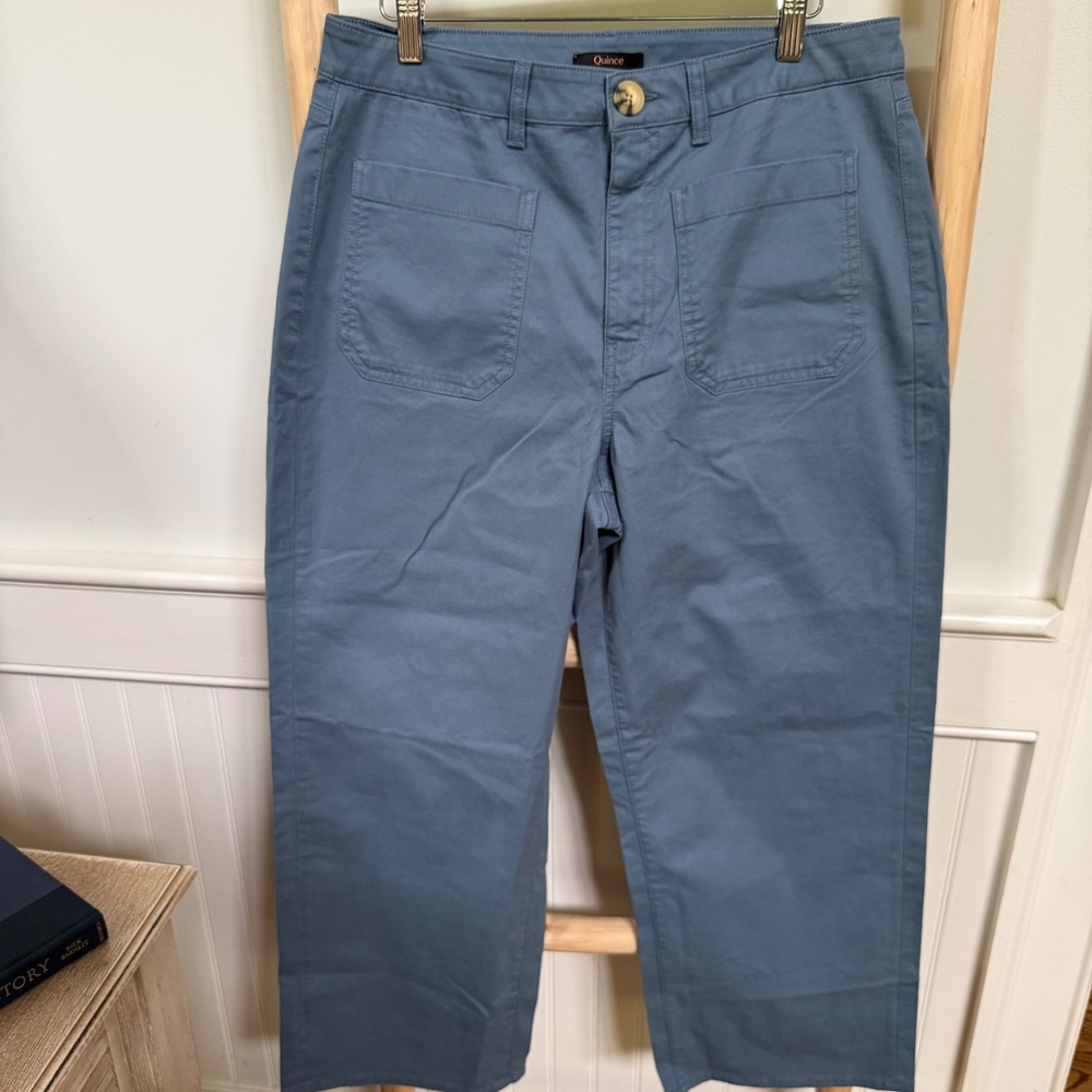 Quince Blue Organic Cotton Ultra-Stretch Wide Leg Pant High Rise Utility Size 12